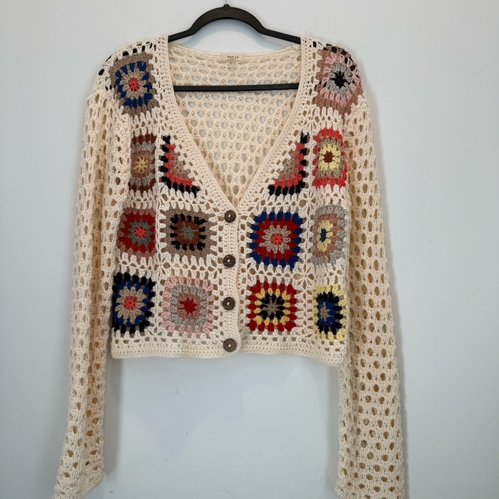 Debut Crochet Cream Granny Square Cardigan Sweater size M - Picture 1 of 11